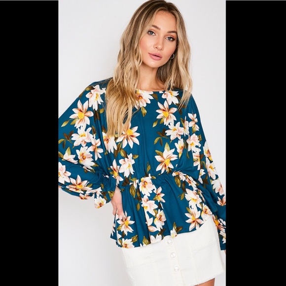 Dark teal floral print top with long sleev… - Picture 5 of 6